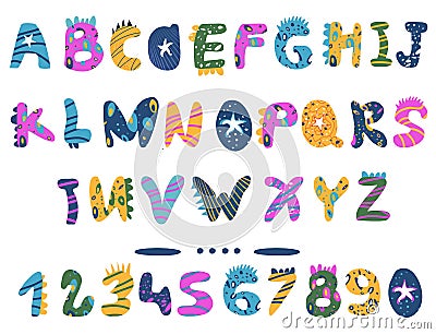 Sea alphabet in hand drawn style. ABC lettering.Latin,American and English language.Different underwater ornaments.Suitable for ki Vector Illustration