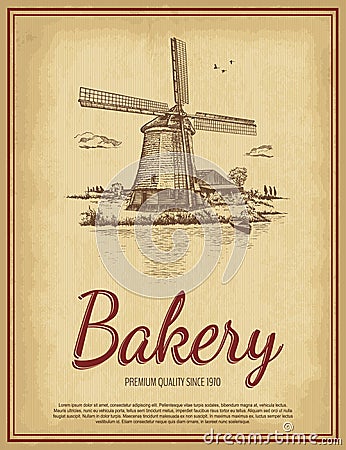 Hand drawn rural landscape with Bakery lettering. Vintage windmill, river, barn, sky with clouds, birds, boat. Vector Illustration