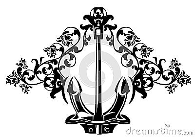 Sea anchor and rose flowers black and white vector design Vector Illustration