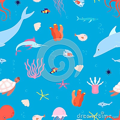 Sea animal pattern. marine life baby background. Cute cartoon octopus jellyfish fish. Ocean or aquarium illustration Vector Illustration