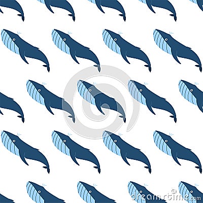 Sea animal seamless pattern with blue whale. Undersea world habitants print. Vector Illustration