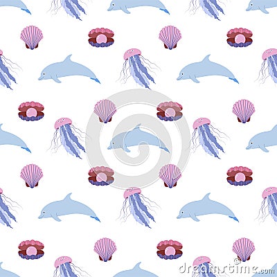 Sea animal seamless pattern with jellyfish, dolphin and seashell. Undersea world habitants print. Vector Illustration