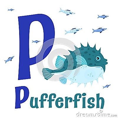 Sea Animals Alphabet. ABC for children. Letter P Cartoon Illustration
