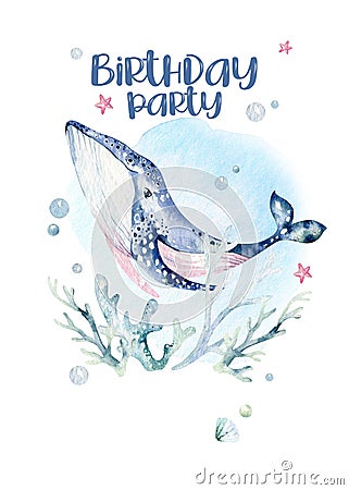 Sea animals aquarium baby happy birthday poster. Blue watercolor ocean fish, turtle, whale and coral. Shell aquarium Stock Photo