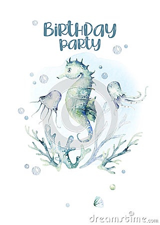 Sea animals aquarium baby happy birthday poster. Blue watercolor ocean fish, turtle, whale and coral. Shell aquarium Stock Photo