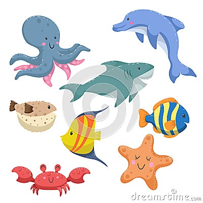 Sea animals cartoon set. Trendy design sea and ocean wildlife. Octopus, dolphin, shark, striped blue fish, blowfish , starfish and Vector Illustration