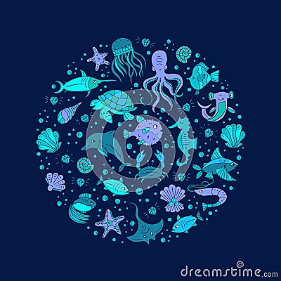 Sea animals circle Vector Illustration