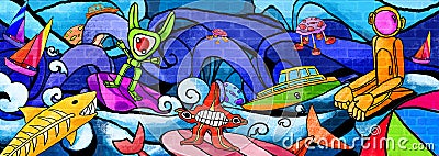 Sea animals the colorful paint Wall Stock Photo