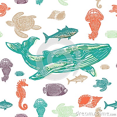 Sea animals colorful seamless pattern. Stock Photo