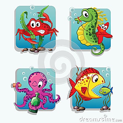 Sea animals. Crab, seahorse, starfish, octopus, fishes Vector Illustration