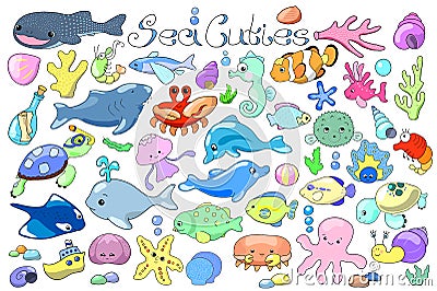 Sea animals and fishes doodle. Marine animals cartoon illustration. Cartoon Illustration