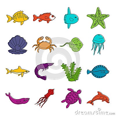 Sea animals icons doodle set Vector Illustration