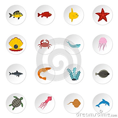 Sea animals icons set in flat style Vector Illustration