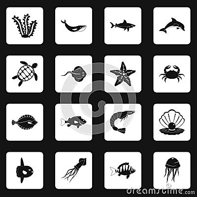 Sea animals icons set squares vector Vector Illustration