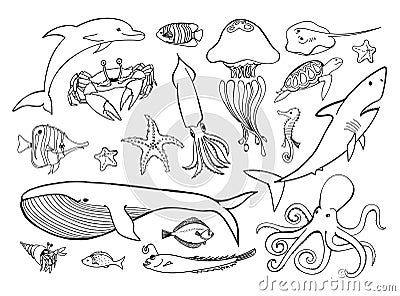 Sea animals line icons hand drawn set Vector Illustration