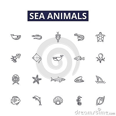 Sea animals line vector icons and signs. Sharks, Whales, Octopuses, Fish, Rays, Crabs, Starfish, Turtles outline vector Vector Illustration