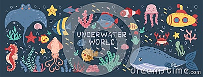 Sea animals. Marine life, submarine, cute underwater plants or under ocean fish, childish nursery decor. Jellyfish and Vector Illustration