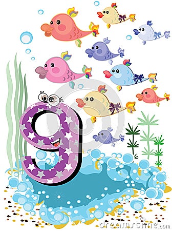 Sea animals and numbers series for kids ,9 fish Vector Illustration