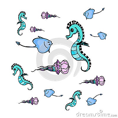 Sea animals- seahorse, stingrey, jellyfish Vector Illustration