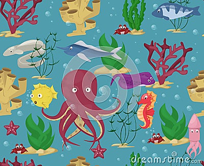 Sea animals seamless pattern background vector water plants ocean fish cartoon illustration undersea water marine aquatic characte Cartoon Illustration