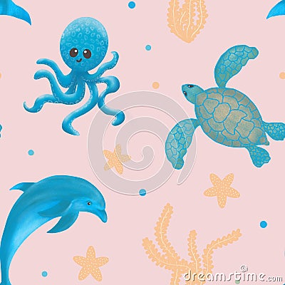 Sea animals. Seamless pattern with sea animals. Dolphin, octopus and turtle with algae and starfish. Children's Stock Photo