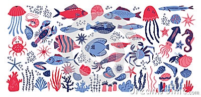 Sea animals set, clam and seashell, cute corals and fish. Beautiful underwater tropical shells, colorful kelp and algae Vector Illustration