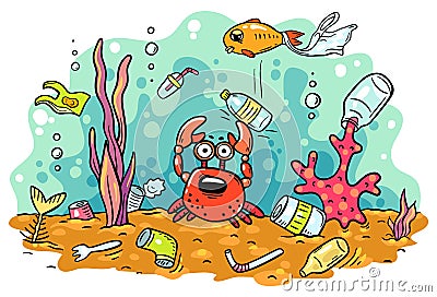 Sea animals suffer from ocean pollution with plastics, ecology and environment concept Vector Illustration