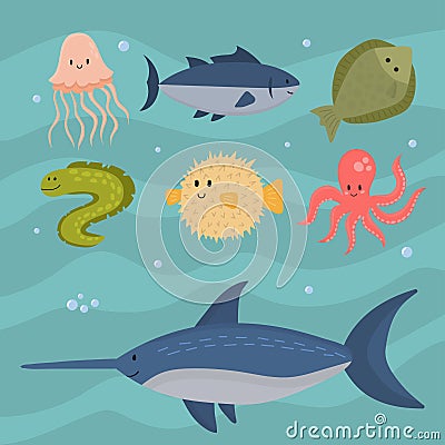 Sea animals vector creatures characters cartoon ocean wildlife marine underwater aquarium life water graphic aquatic Vector Illustration