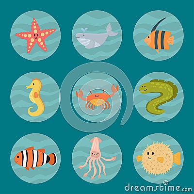 Sea animals vector creatures characters cartoon ocean wildlife marine underwater aquarium life water graphic aquatic Vector Illustration