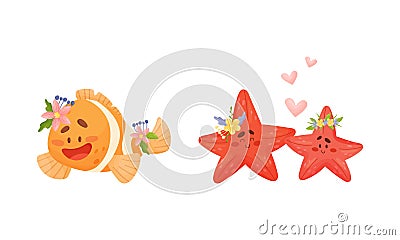 Sea animals in wreath of flowers set. Cute clown fish and starfish marine baby creatures with flowers vector Vector Illustration