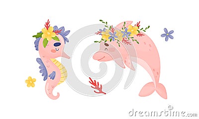 Sea animals in wreath of flowers set. Cute dolphin and seahorse marine baby creatures with flowers vector illustration Vector Illustration