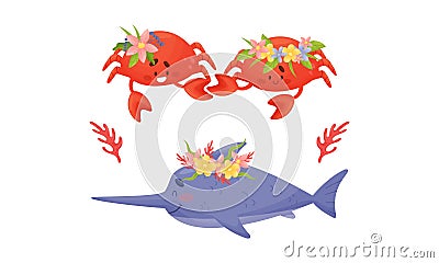 Sea animals in wreath of flowers set. Cute narwhal and crab marine baby creatures with flowers vector illustration Vector Illustration