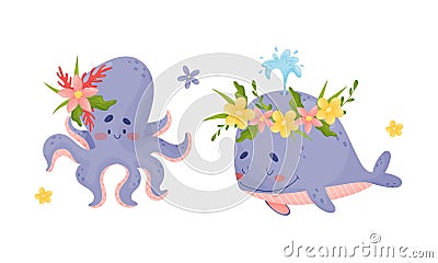 Sea animals in wreath of flowers set. Cute octopus and whale marine baby creatures with flowers vector illustration Vector Illustration