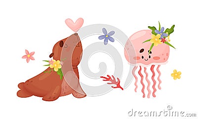 Sea animals in wreath of flowers set. Cute otter and jellyfish marine baby creatures with flowers vector illustration Vector Illustration