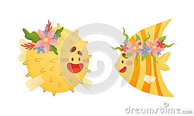 Sea animals in wreath of flowers set. Cute puffer fish and butterfly fish marine baby creatures with flowers vector Vector Illustration