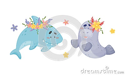 Sea animals in wreath of flowers set. Cute seal and shark marine baby creatures with flowers vector illustration Vector Illustration