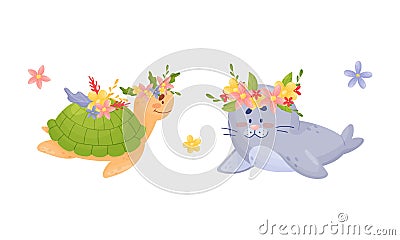 Sea animals in wreath of flowers set. Cute turtle and seal marine baby creatures with flowers vector illustration Vector Illustration