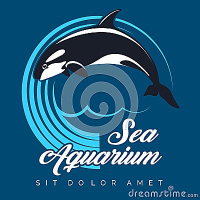 Sea Aquarium Emblem with Jumping Killer Whale Cartoon Illustration