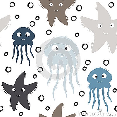 Sea baby cute seamless pattern. Sweet jellyfish, starfish and bubbles print Vector Illustration