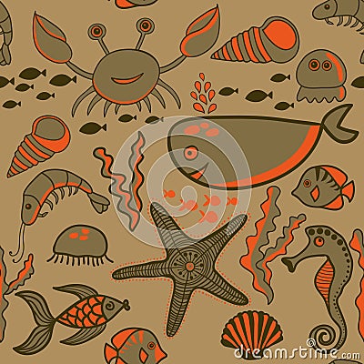 Sea background, marine vector seamless pattern with fish, crab,s Vector Illustration