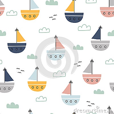 Sea background seamless pattern with sailboats with clouds Vector Illustration