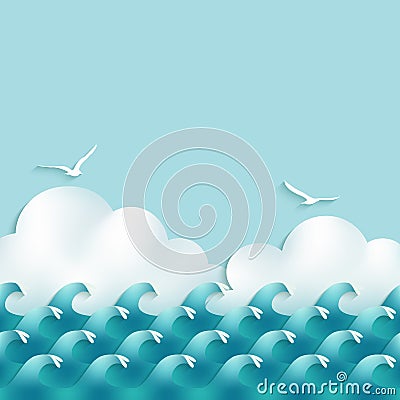 Sea background with waves, clouds and seagulls Vector Illustration