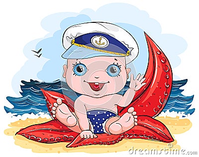 The sea on the beach baby rides the starfish Vector Illustration