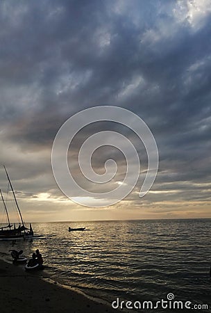 Sea Beach Clouds Waves Kids Play Ship Kano Sunset Sun Light Stock Photo