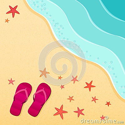 Sea beach. Flip-flops and starfish shells on the beach. Vector illustration Vector Illustration