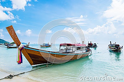 Sea beach with group long tail boat anchor coast Stock Photo