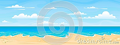 Sea beach landscape. Cartoon summer sunny day, ocean view horizontal panorama, water sand and clouds. Vector vacation Vector Illustration