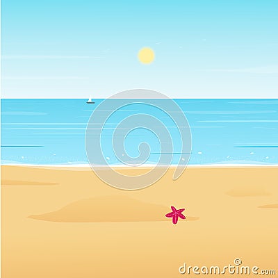 Sea Beach, Soft wave of blue ocean and starfish on sand coast. Cartoon Illustration
