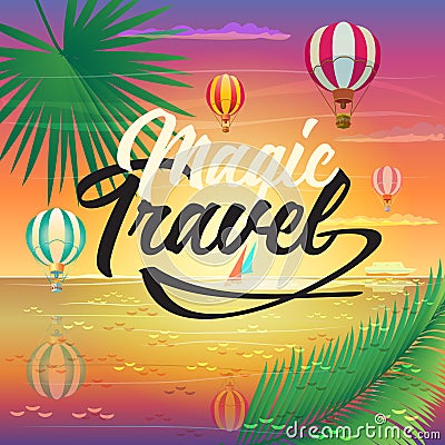 Sea Beach Summer Voyage adventure hot air balloons Vector Illustration