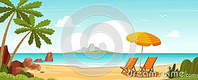 Sea beach and sun loungers. Seascape, vacation banner. Cartoon vector illustration Vector Illustration